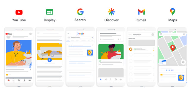 Logoer til Google platforme, og mockups af telefoner under der viser hvordan den enkelte platform ser ud. 