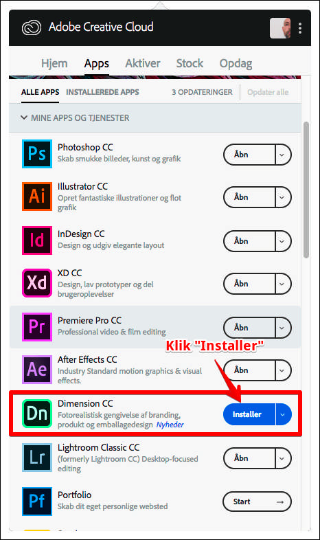 Screenshot af appoversigt med adobe programmer, hvor Dimensions CC er markeret, og der står 