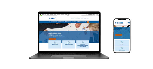 Mockup af en bærbar computer og en mobiltelefon, som viser Samn Forsynings hjemmeside. 