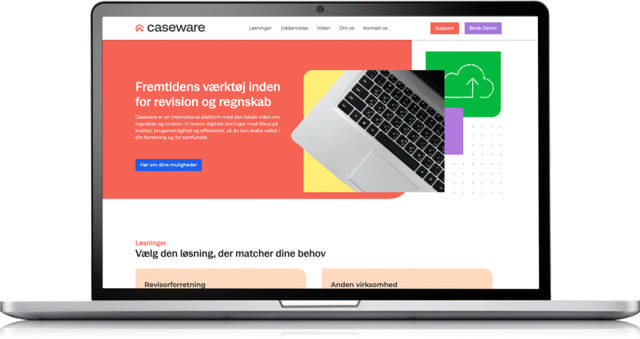 Et mockup af en bærbar computer der viser Casewares hjemmeside