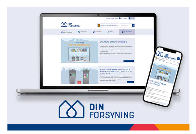 Mockups af en bærbar computer og en mobiltelefon der viser DIN Forsynings hjemmeside på en lys baggrund med DIN Forsynings logo under 