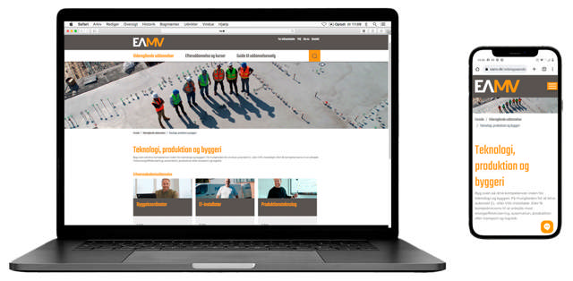 Mockups af en bærbar computer og en mobiltelefon, der viser EAMVs hjemmeside. 