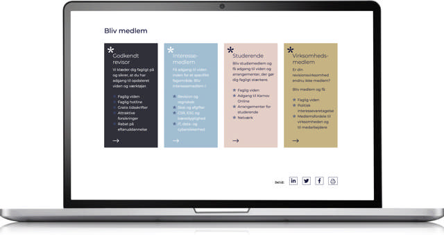 Mockup af en bærbar computer der viser hvilke muligheder der er for at blive medlem på deres hjemmeside