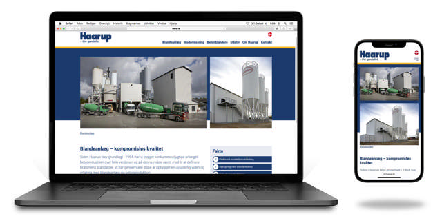 Mockup af bærbar computer og mobiltelefon, som viser Haarup Maskinfabriks hjemmeside. 