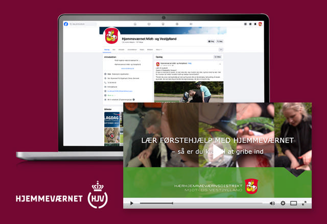 Mockup af en bærbar computer der viser Hjemmeværnets Facebook side, henover dette er et screenshot af førstehjælps videoen, begge dele på en mørkerød baggrund med hjemmeværnets logo. 