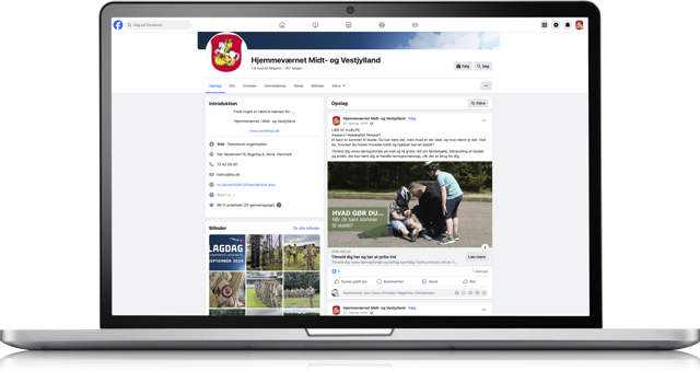 Mockup af bærbar computer der viser Hjemmeværnet Midt- og Vestjyllands Facebook side