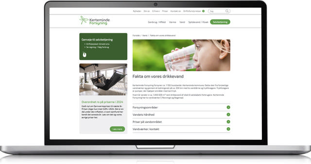 Mockup af en bærbar computer der viser Kerteminde Forsynings hjemmeside