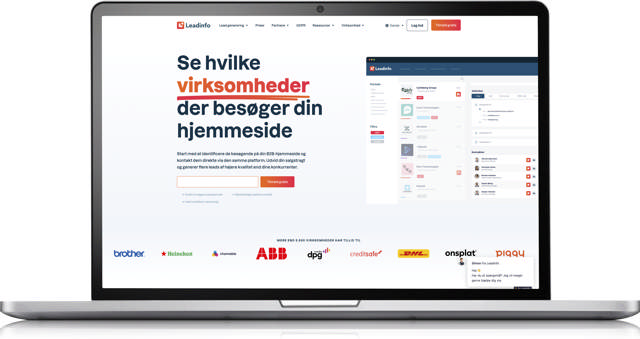 Et mockup af en bærbar computer der viser Leadinfos forside. 