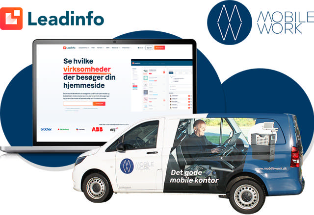 En collage af billeder, et mockup af en bærbar computer med Leadinfos forside, Leadinfos og Mobile works logo, og Mobile Works demo bil. 