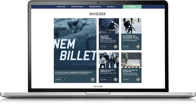 Mockup af en bærbar computer, der viser Odense idrætsparks hjemmeside med Nem billet