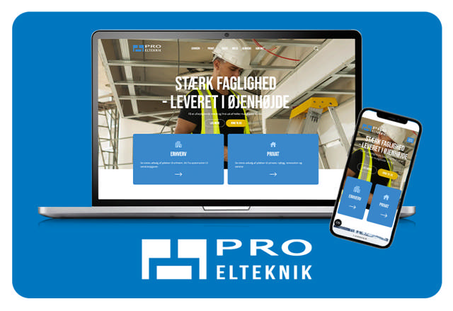 Mockup af en bærbar computer og en mobiltelefon der viser Pro Eltekniks hjemmeside på en blå baggrund med runde kanter med Pro Eltekniks logo i bunden 