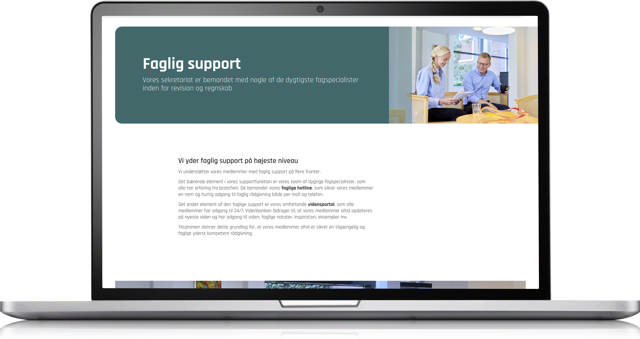 Mockup af en bærbar computer der viser en side om faglig support på RGD's hjemmeside